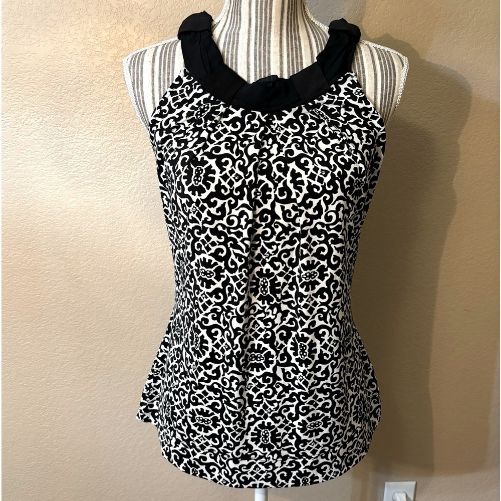 SALE! White House Black Market Top S Black White Boho Flowy Sleeveless Silk Neck